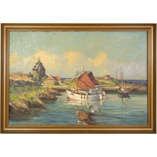 Vintage Ölgemälde von Fischerbooten in Ufernähe, 1930