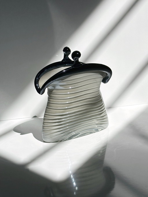 Vintage Murano Glass Bag Vase Gray Iridescent Swirl 80s 90s Handmade Venice Italy Coin Purse Purse Opalina
