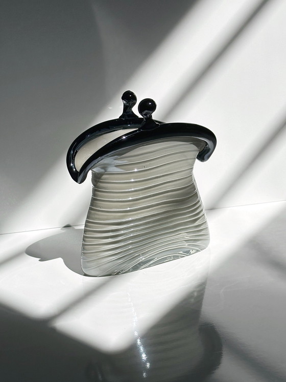 Image 1 of Vintage Murano Glass Bag Vase Gray Iridescent Swirl 80s 90s Handmade Venice Italy Coin Purse Purse Opalina