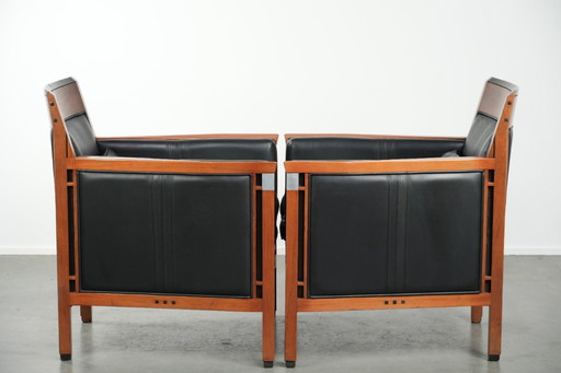 Black leather set of 2 Art Deco Schuitema design armchairs in good condition