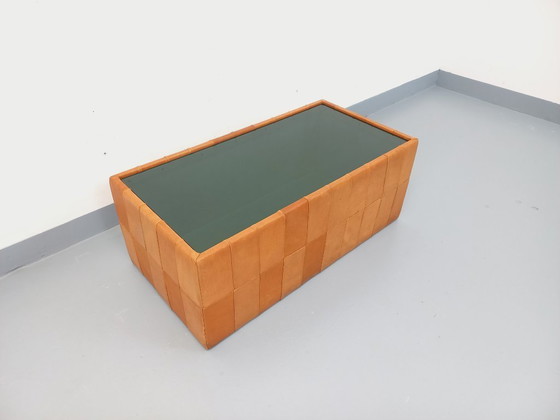 Image 1 of Vintage Swiss rectangular coffee table by De Sede in smoked glass and leather from the 1970s