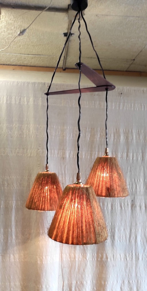 Hanglamp met drie lichtpunten in Scandinavische stijl, gemaakt van teak en sisal - jaren 60/70