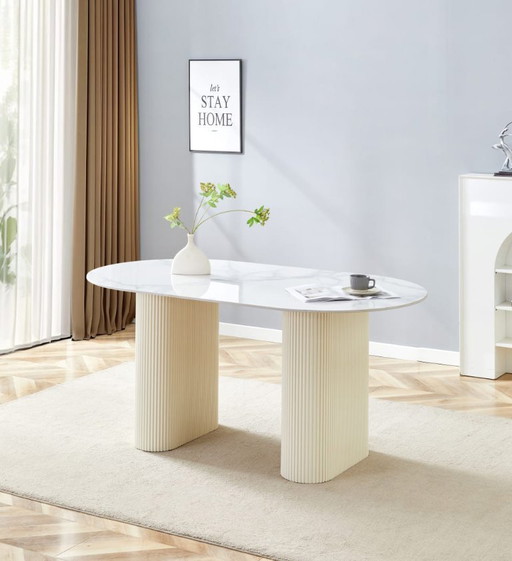 Tavolo da mangiatoia SELENA 180 cm – Plateau Céramique Effet Marbre Blanc & Pied Beige – Design Chic