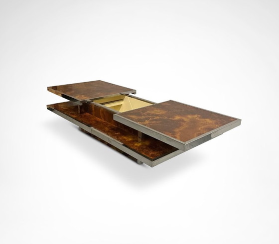 Image 1 of Schuifbare salontafel met twee niveaus van wortelhout en metaal, met geïntegreerde bar, Frankrijk, jaren 80.