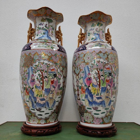 Set Large Vintage Oriental Vases Baluster Vases, Canton Porcelain (photo 4 of 17)