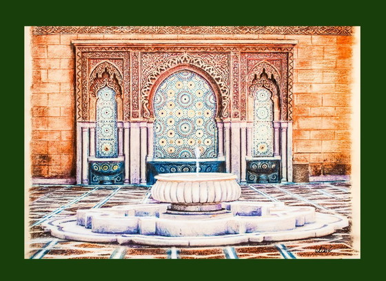Image 1 of Drawing. Painting. Arabic font. Islamic art. Arabic art. Arabic architecture. Fountain. New.