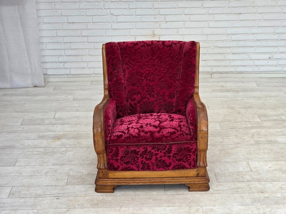 Image 1 of Anni '50, poltrona relax danese, velluto rosso per mobili, legno di quercia.
