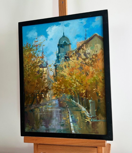 Image 1 of Original Oil Painting Autumn City Landscape The rustle of leaves underfoot