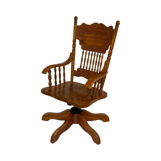 Image 1 of Vintage - Solid Oak - Rotating Desk Chair with Turned Columns and Hand Carved Backrest