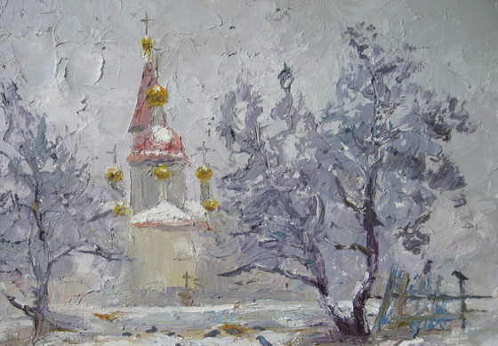 Dipinto a Olio Originale Paesaggio Invernale Tempio Ha Respirato Freddo – Dipinti e disegni, Canvas (photo 8 of 8)
