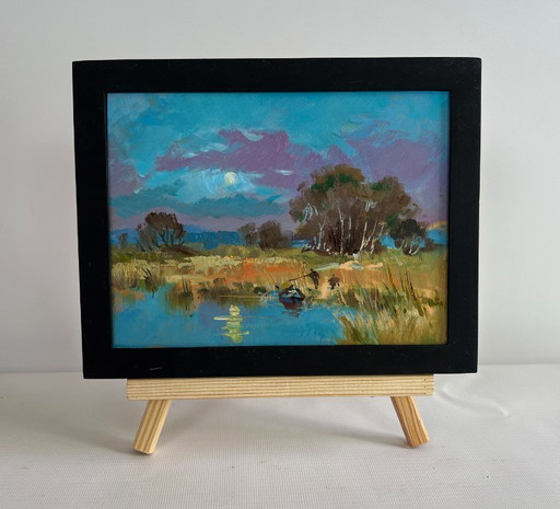 Origineel olieverfschilderij: Zomerlandschap aan het meer, in een veld vlakbij het meer.