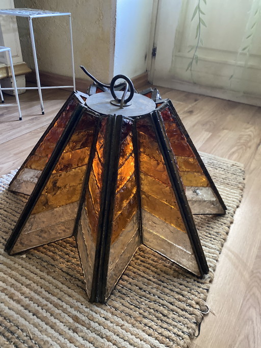 Lampadario brutalista vetro martellato Murano anni ‘70