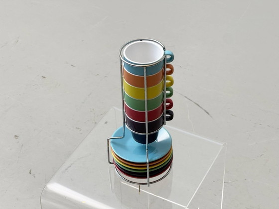 Image 1 of Vintage espressoset in een metalen standaard van pt, Nederland, jaren 1990.