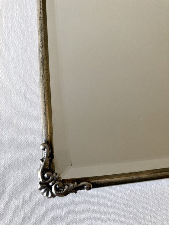 Image 1 of Antique framed mirror, beveled glass and silver-plated metal frame, 1930s-1940s