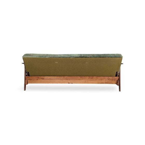 Image 1 of Driezitsbank uit het midden van de vorige eeuw, vintage bank, retro teakhouten bank, opklapbaar bed