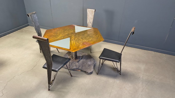 Image 1 of Handgemaakte eethoek van staal en steen, jaren 70 - vintage eethoek - handgemaakte eethoek - postmoderne eettafel en stoelen