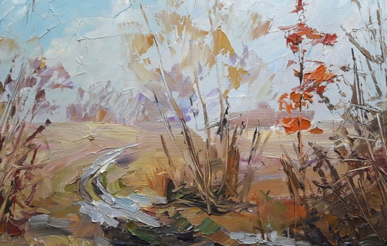 Peinture à l'huile originale Paysage naturel Champ Dernière neige – Peintures et dessins, Canvas (photo 6 of 8)