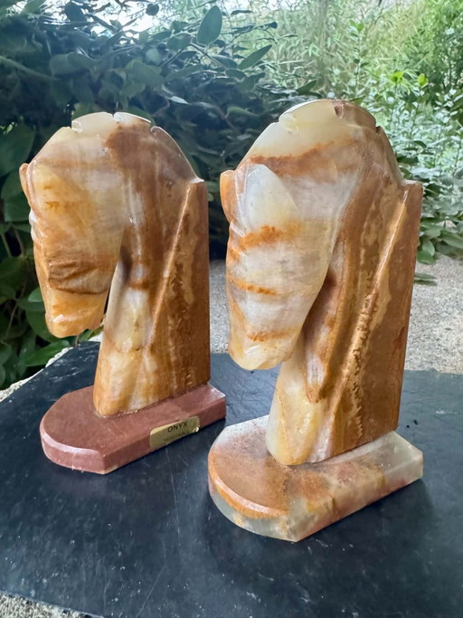 2 Onyx Pferde Buchstützen 60er Jahre Italien Vintage