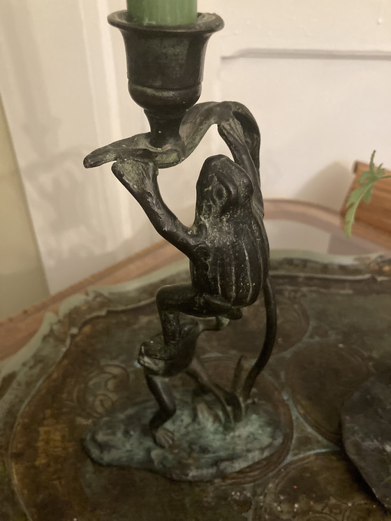 Image 1 of Vintage bronze candle holders, collectible frogs