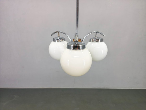 Image 1 of Lampadario Art Déco, cromo, noce e vetro, anni '30