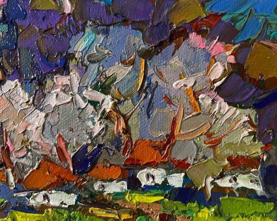 Image 1 of Original Oil Painting Day Village Landscape As the snow melts early spring comes