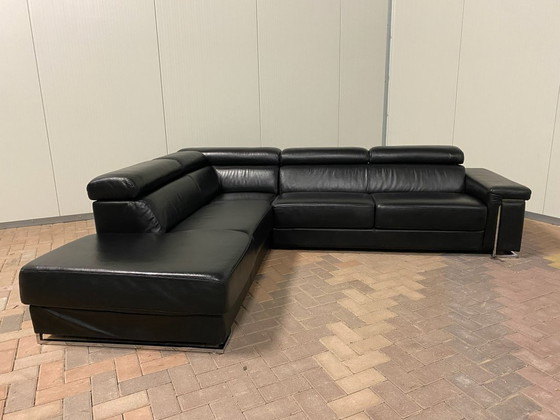 Image 1 of Black Real Leather Corner Sofa