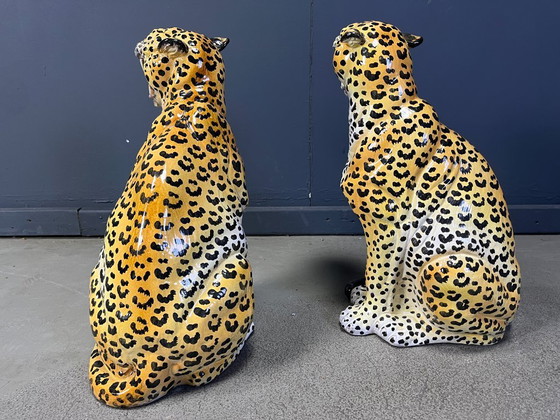 Image 1 of Pair of Italian Glazed Terracotta Leopard Figures, 1960s