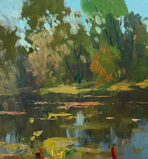 Image 1 of Peinture à l'huile originale représentant un paysage fluvial estival avec un bateau dans une scierie