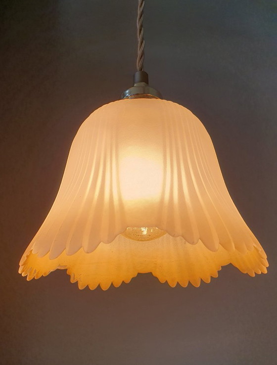 Image 1 of Lampe suspendue florale vintage en verre dépoli des années 1940-50.