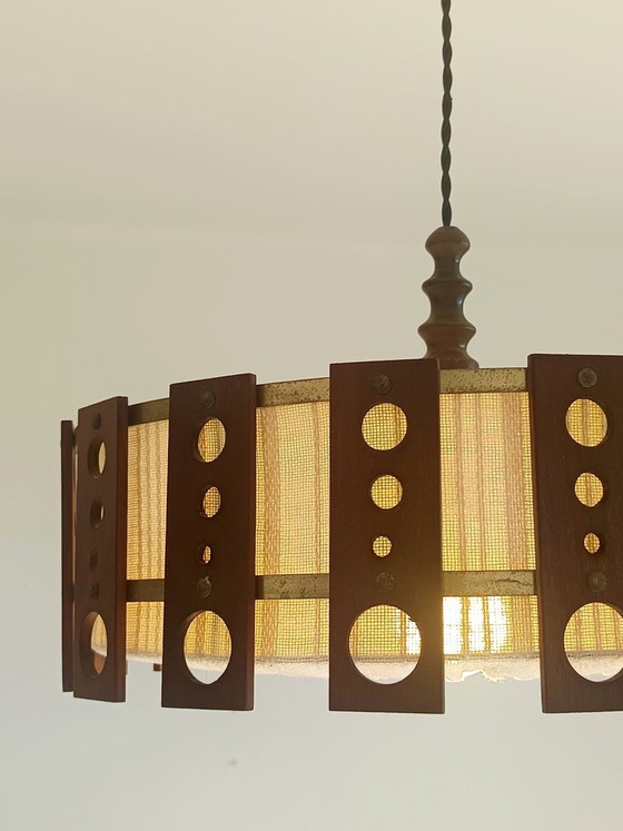 Lampada a Sospensione Scandinava in Teak e Tessuto Circa 1960 – Lampade a sospensione, Wood (photo 7 of 10)