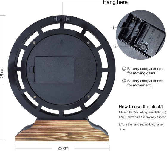Image 1 of Lafocuse 10 Inch Real Moving Gears Wall Clock with a Detachable Base, 2 in 1 Black Chimney Clocks Wooden Vintage, Farmhouse