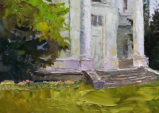 Image 1 of Original Oil Painting Cityscape Architecture Park White Administration Building