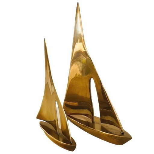 Vintage Curtis Jere-style Hollywood Regency brass sailboat set 1970s