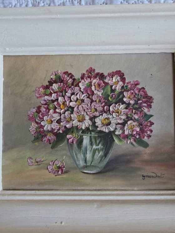 Tableau vintage bouquet de fleurs signé Girardot – Objets d'art, Wood, Canvas (photo 4 of 5)