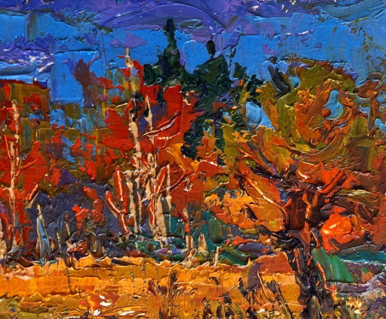 Image 1 of Original Oil Painting Autumn River Landscape Autumn mood near the river