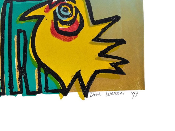 Image 1 of Derk Wessels - Bois - Linogravure - Graphisme - Coq avec poussin - 1997