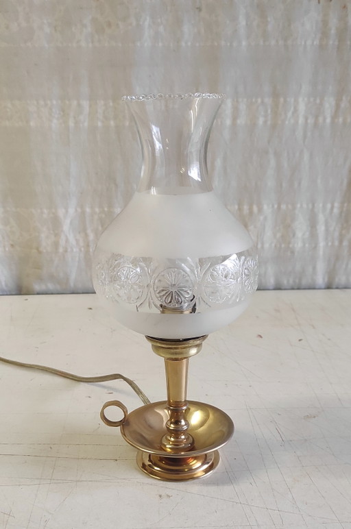 Lámpara de mesa de latón dorado y cristal - mediados del siglo XX