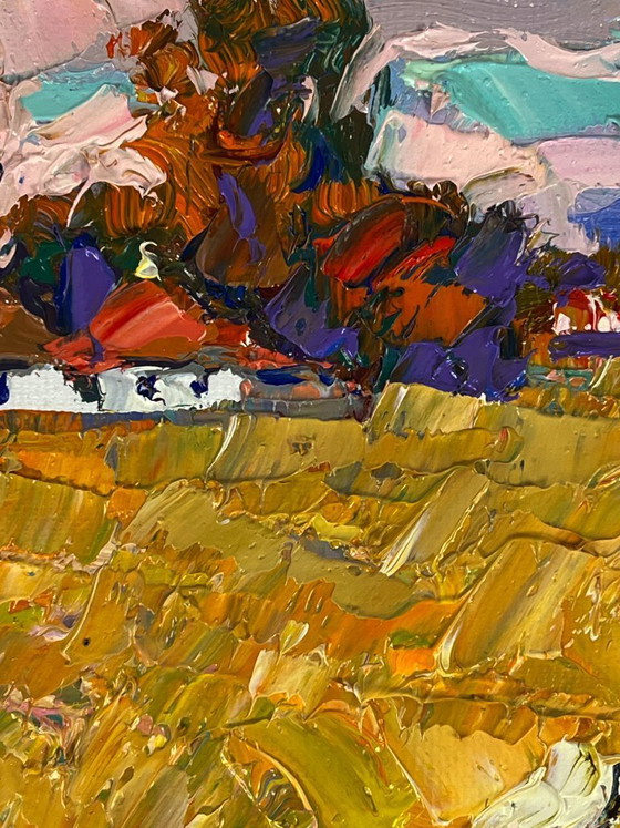 Image 1 of Peinture à l'huile originale, paysage rural, oies, vie à la campagne, promenade d'automne dans le village
