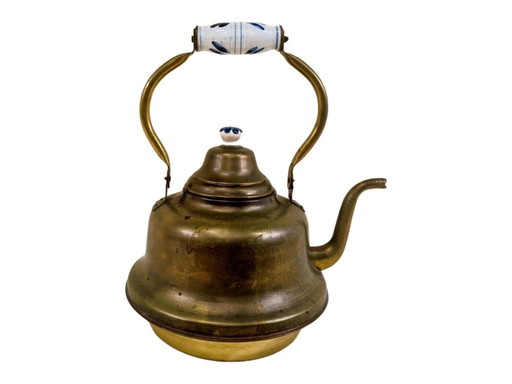 Vintage brass tea kettle with porcelain handle – country style