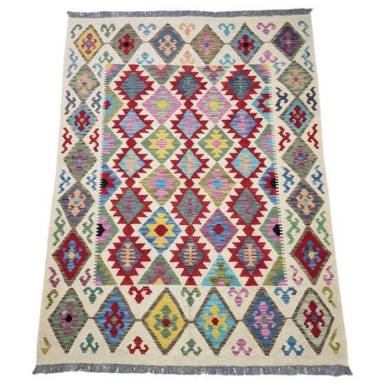 Vintage Maimana Kilim tapijt – Handgeweven Afghaanse wol, omkeerbaar (203 x 151 cm) – Vloerkleden en tapijten (photo 4 of 5)