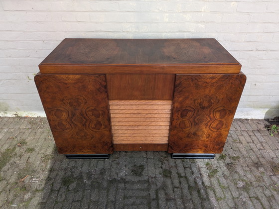 Image 1 of Exquisite 1940s Art Deco Burr Walnut Cabinet – Versatile Drinks/Media Unit
