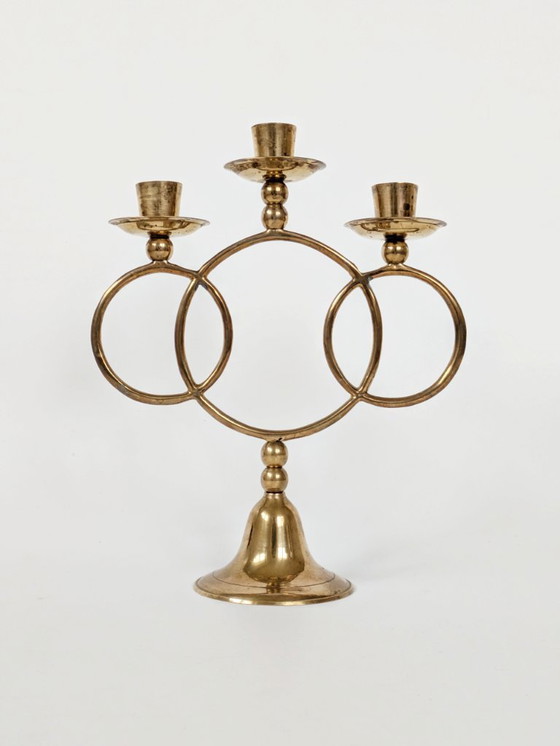 Image 1 of Candélabre vintage en laiton, porte-bougie conique à 3 bras, style milieu du siècle