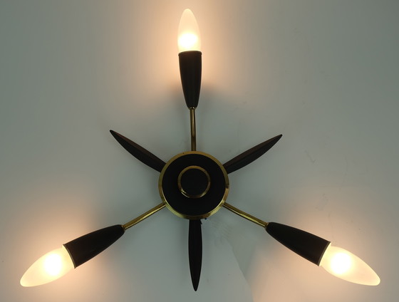 Image 1 of Plafoniera a 3 luci Sputnik della metà del secolo scorso in ottone e metallo grigio scuro