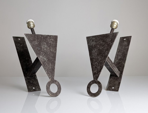 Image 1 of Par de Apliques de Pared Brutalistas de Metal Geométricos, anni '70