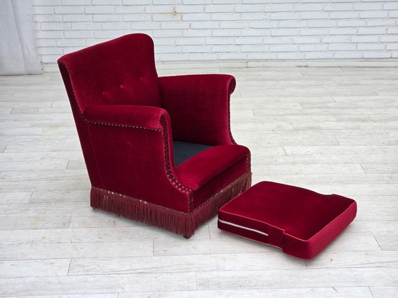 Image 1 of 1970s, Danish armchair, red furniture velour, ash wood.