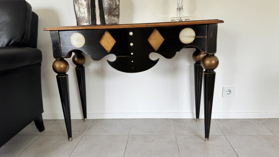 Designer Side Table with Inlay – Metal, Wood (photo 3 of 5)