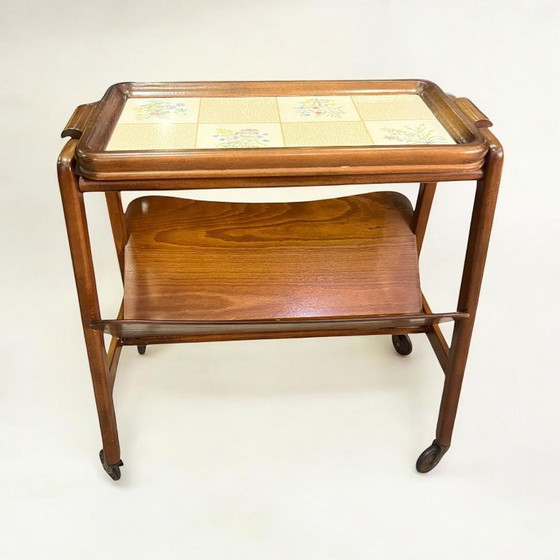 Image 1 of Original 60s serving trolley with newspaper rack and removable Grünstadt fine ceramics tray, Mid - Century classic