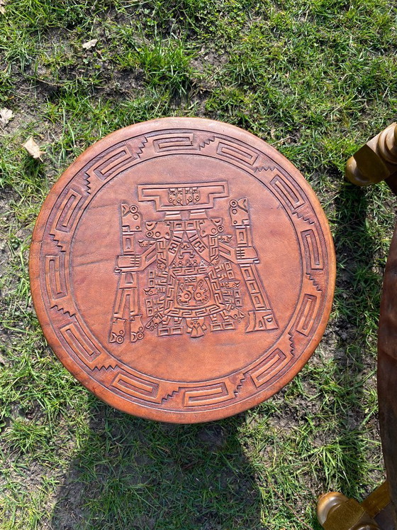 Image 1 of Vintage leather top table Aztec / Mayan equipale style