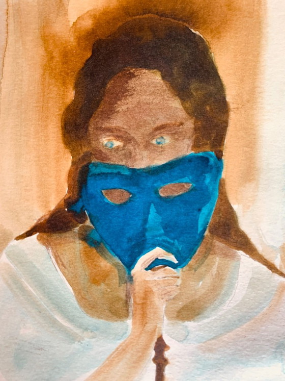 Quadro firmato, ritratto femminile al Carnevale di Venezia « La maschera blu », Dipinti e disegni, Carta (foto 3 di 10)