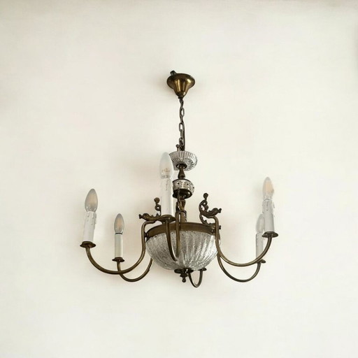 Unique piece! Genuine Art Nouveau chandelier with glass bowl and brass fish. Ca. 1915